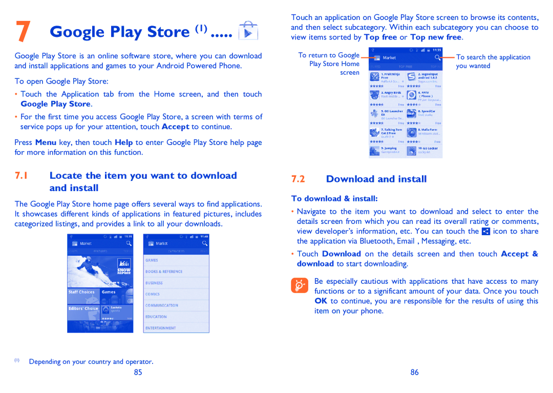 Alcatel 995S manual Google Play Store, Locate the item you want to download and install, Download and install 