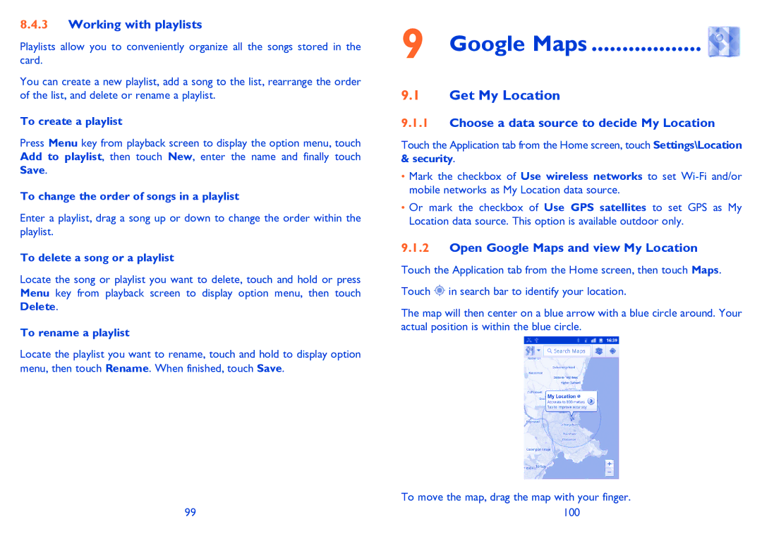 Alcatel 995S manual Google Maps, Get My Location, Working with playlists, Choose a data source to decide My Location 