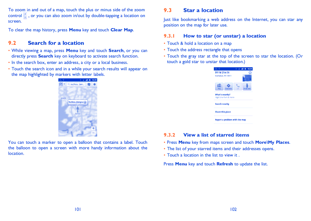 Alcatel 995S Search for a location, Star a location, How to star or unstar a location, View a list of starred items, 102 