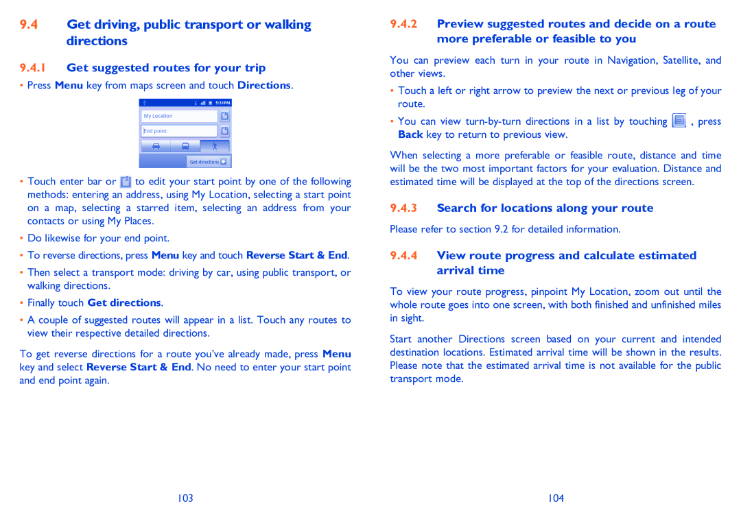 Alcatel 995S manual Get driving, public transport or walking directions, Get suggested routes for your trip 