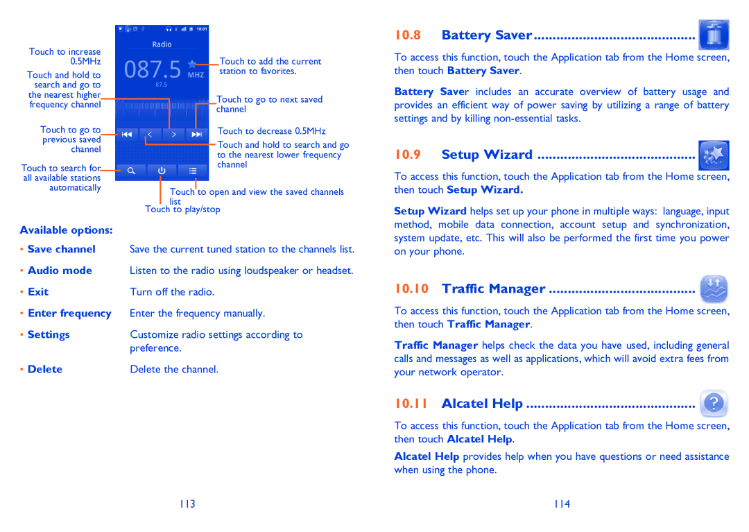 Alcatel 995S manual Battery Saver, Setup Wizard, Traffic Manager, Alcatel Help 