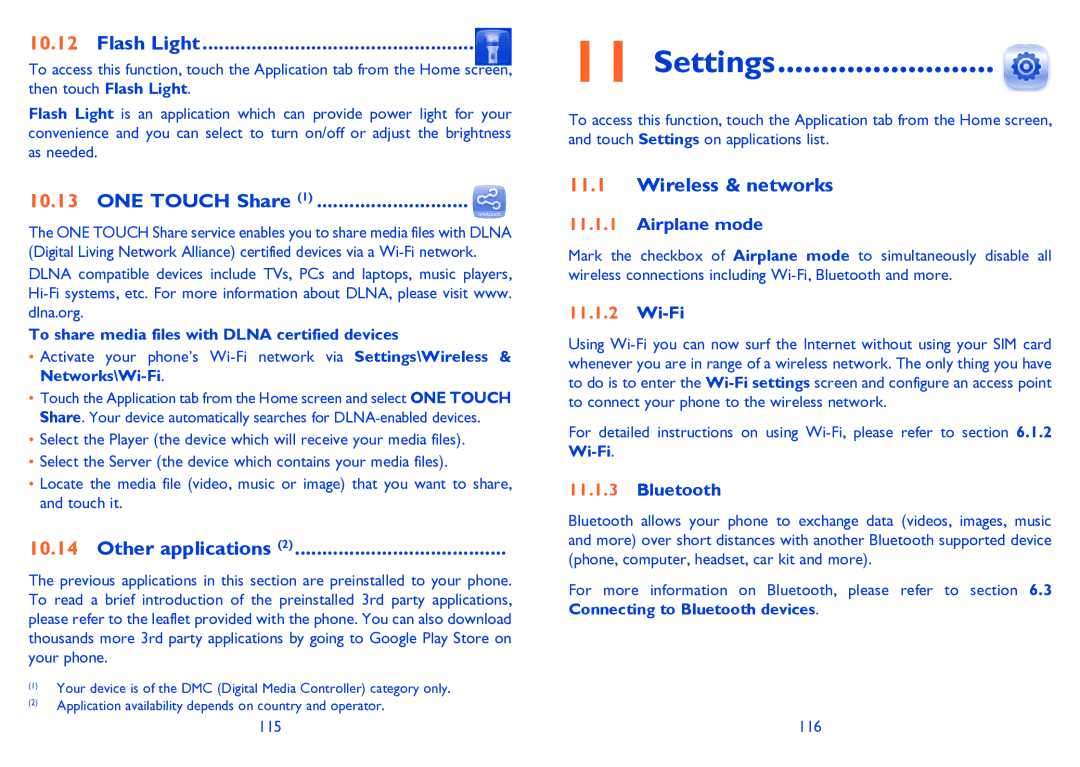 Alcatel 995S manual Settings, Flash Light, ONE Touch Share, Other applications, Wireless & networks 