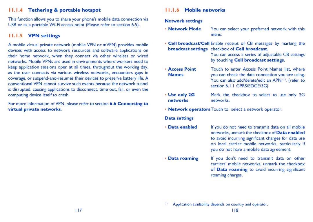 Alcatel 995S manual Tethering & portable hotspot, VPN settings, Mobile networks 