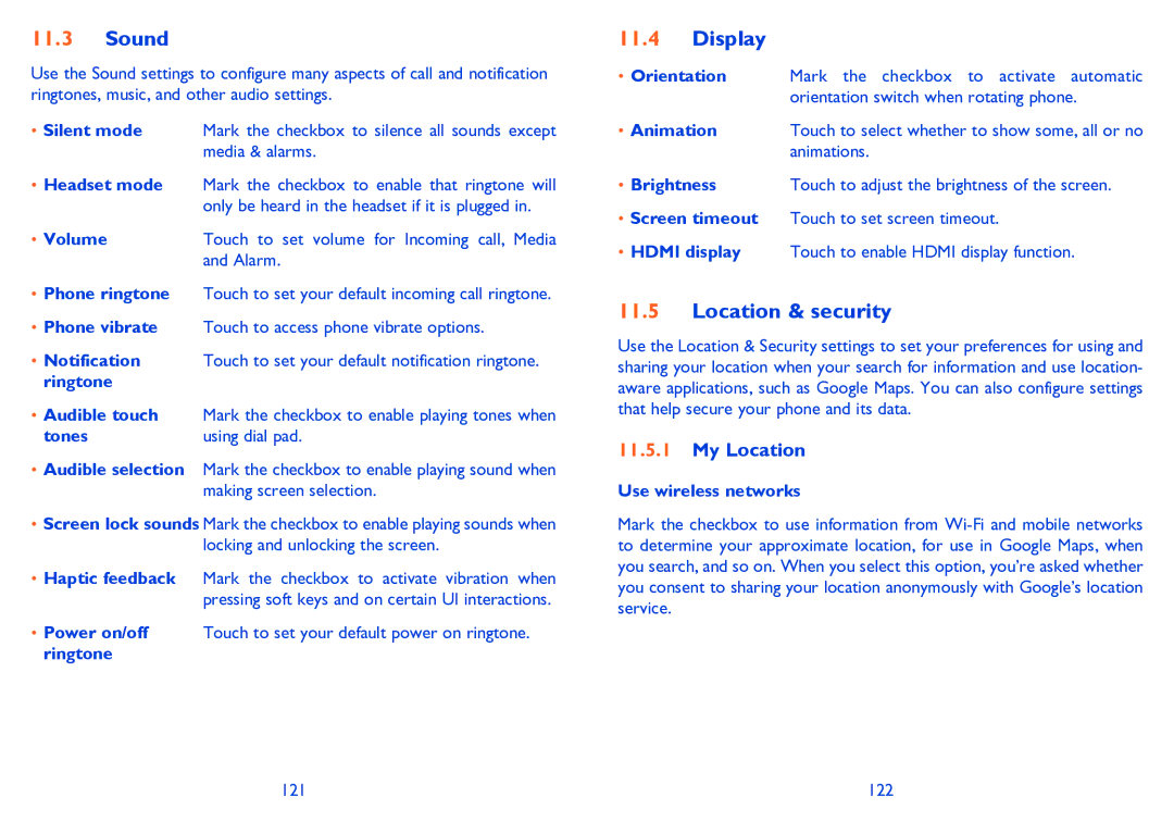 Alcatel 995S manual Sound, Display, Location & security, My Location 