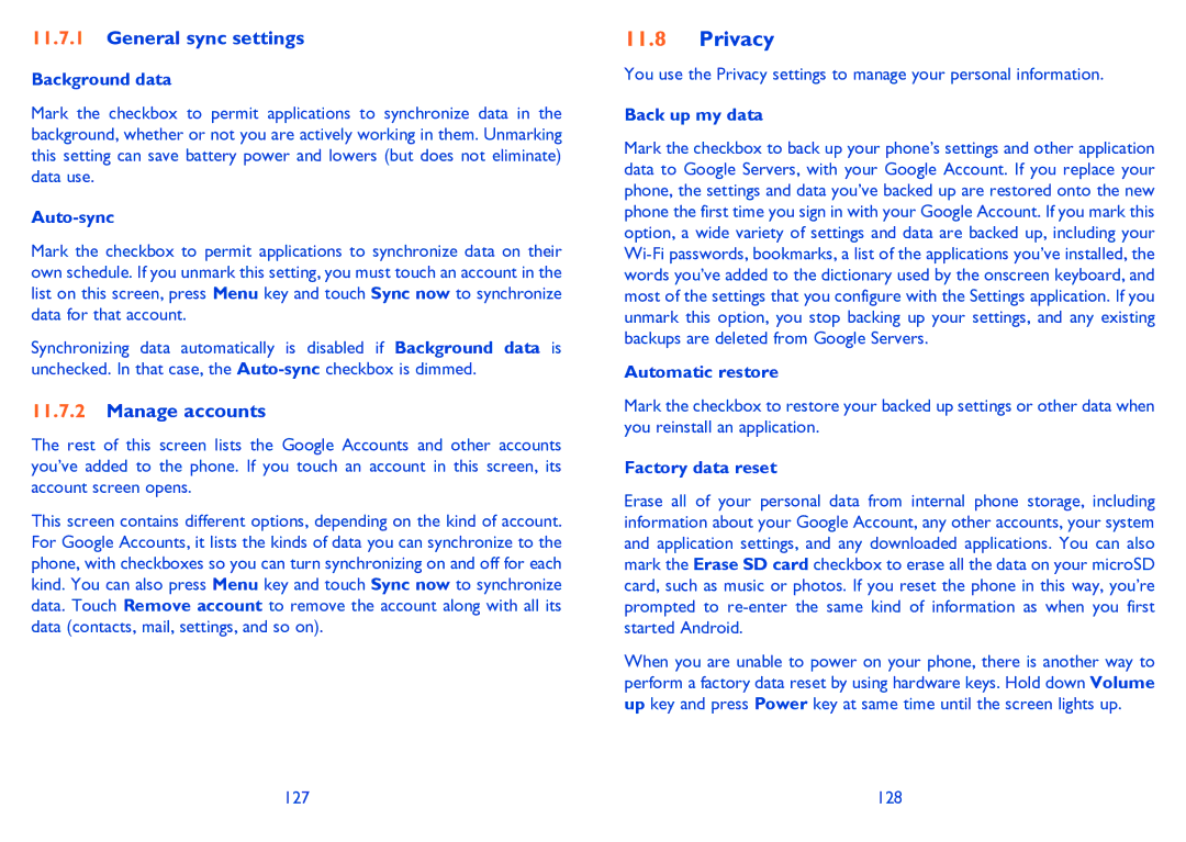 Alcatel 995S manual Privacy, General sync settings, Manage accounts 