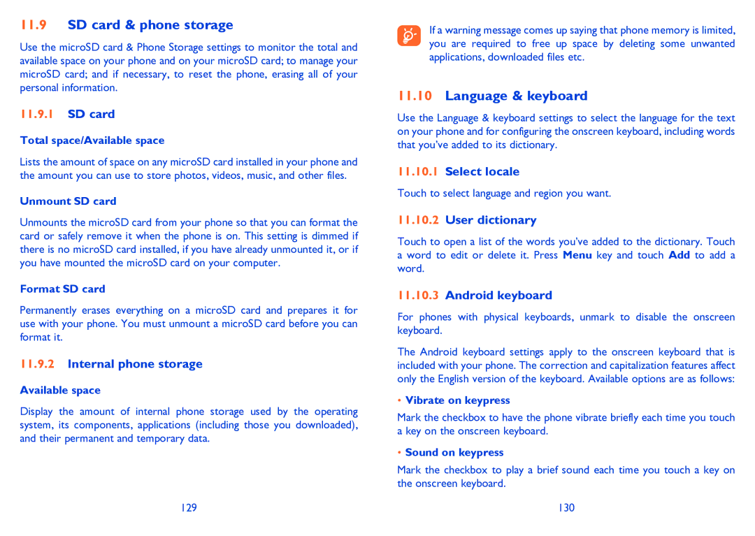 Alcatel 995S manual SD card & phone storage, Language & keyboard 