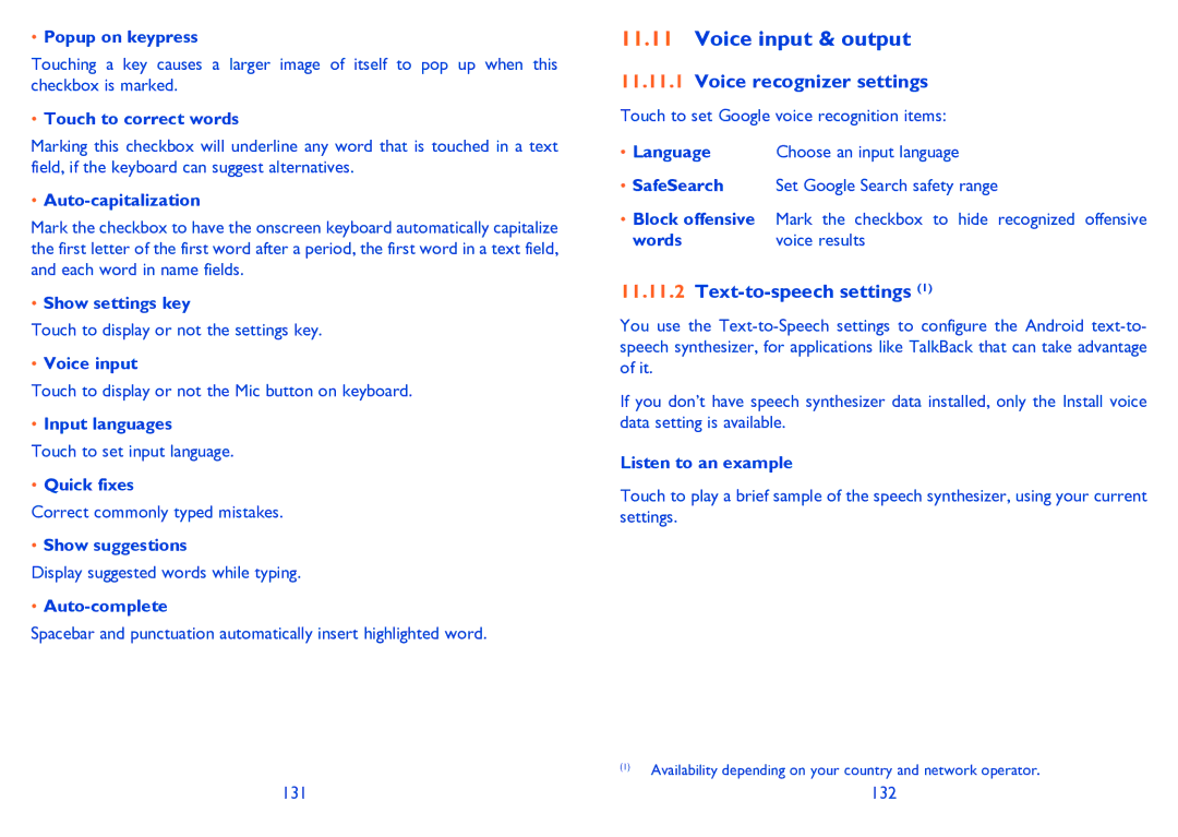 Alcatel 995S manual Voice input & output, Voice recognizer settings, Text-to-speech settings 