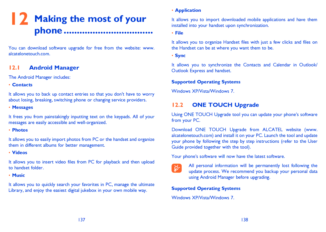Alcatel 995S manual Making the most of your Phone, Android Manager, ONE Touch Upgrade 