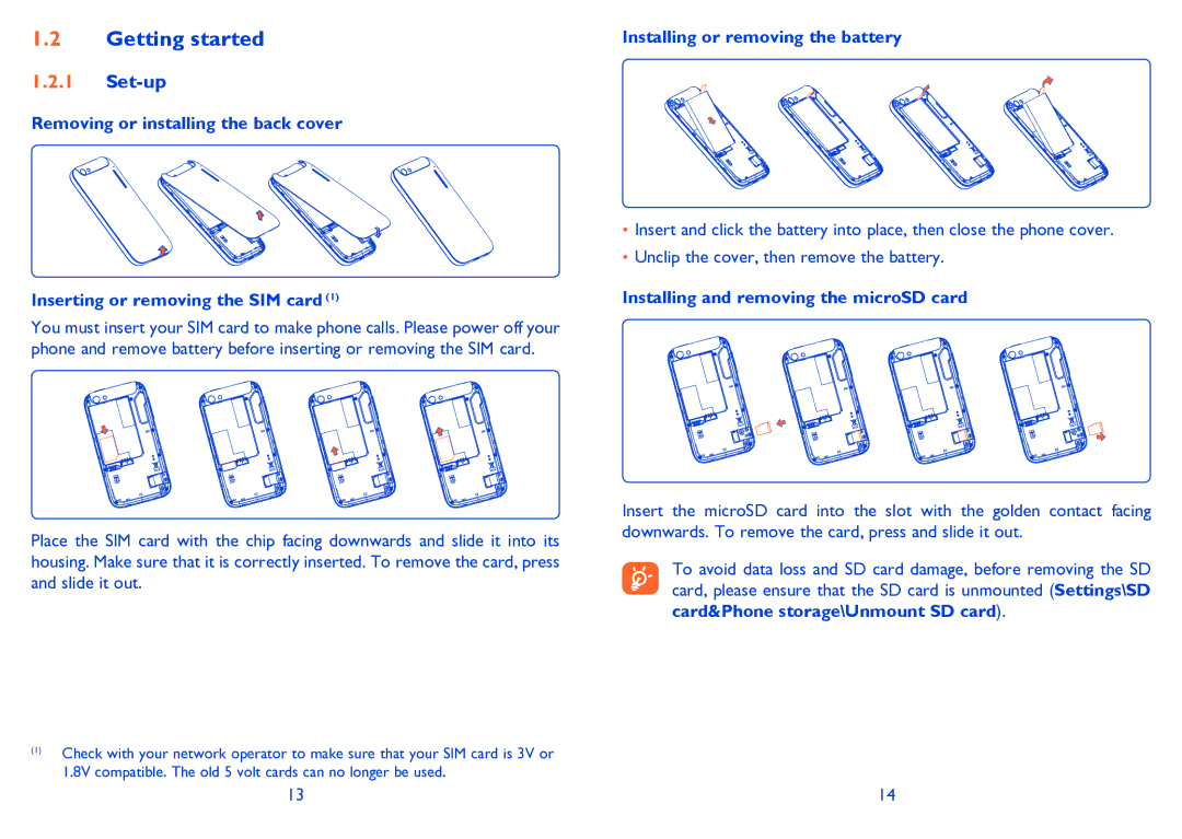 Alcatel 995S manual Getting started, Set-up, Installing or removing the battery, Installing and removing the microSD card 