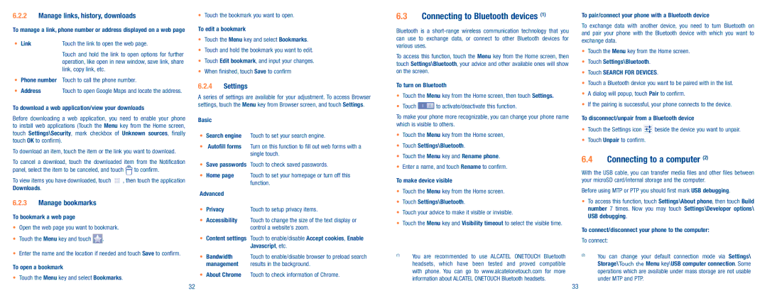Alcatel A520L, Pop 2 (4) manual Connecting to Bluetooth devices, Connecting to a computer, Manage links, history, downloads 