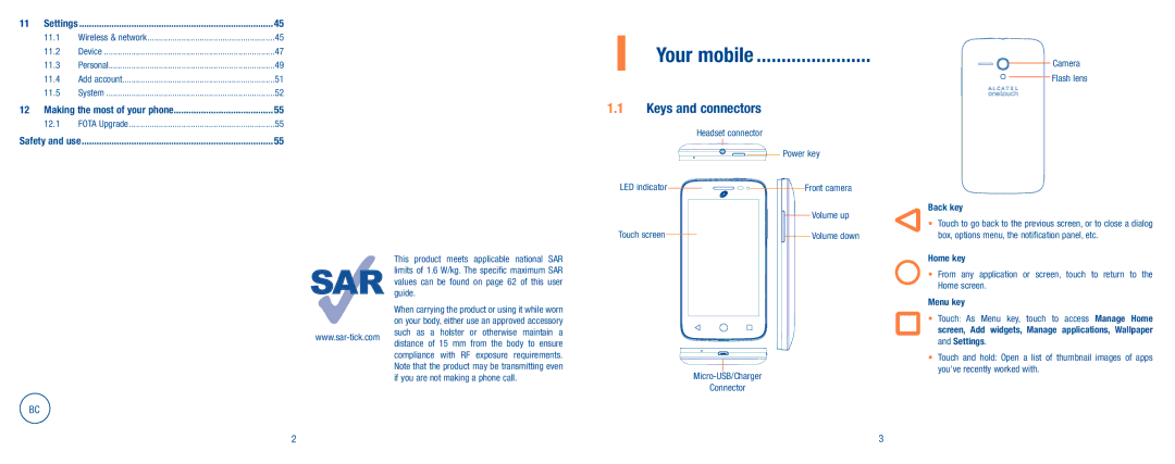 Alcatel A520L, Pop 2 (4), Pop Nova LTE manual Keys and connectors 