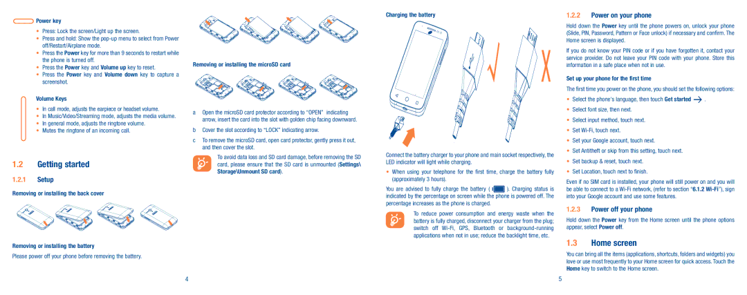 Alcatel Pop 2 (4), A520L, Pop Nova LTE manual Getting started, Home screen, Setup, Power on your phone, Power off your phone 