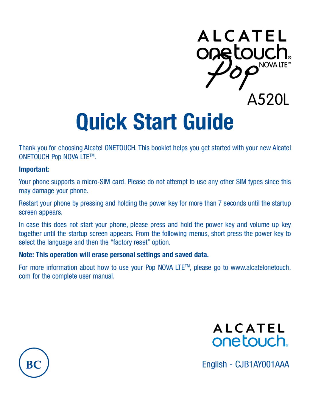 Alcatel A520L manual Quick Start Guide, English CJB1AY001AAA 