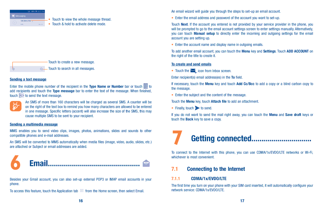 Alcatel A520L manual Getting connected, Connecting to the Internet, CDMA/1x/EVDO/LTE, Touch to send the text message 