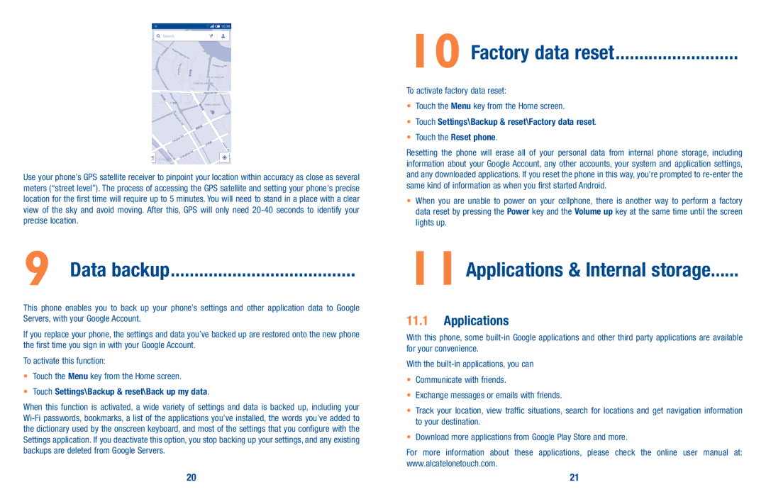 Alcatel A520L manual Data backup, Factory data reset, 11Applications & Internal storage 