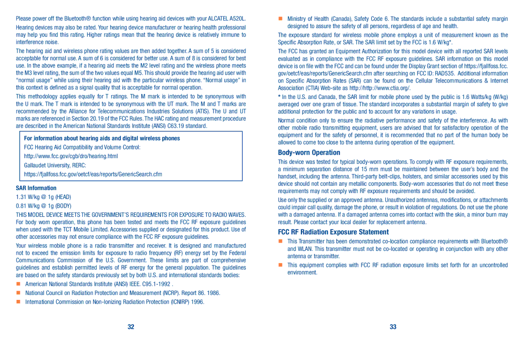 Alcatel A520L manual Body-worn Operation, FCC RF Radiation Exposure Statement 