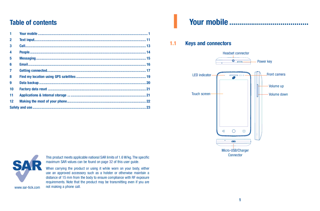 Alcatel A520L manual Your mobile, Table of contents 