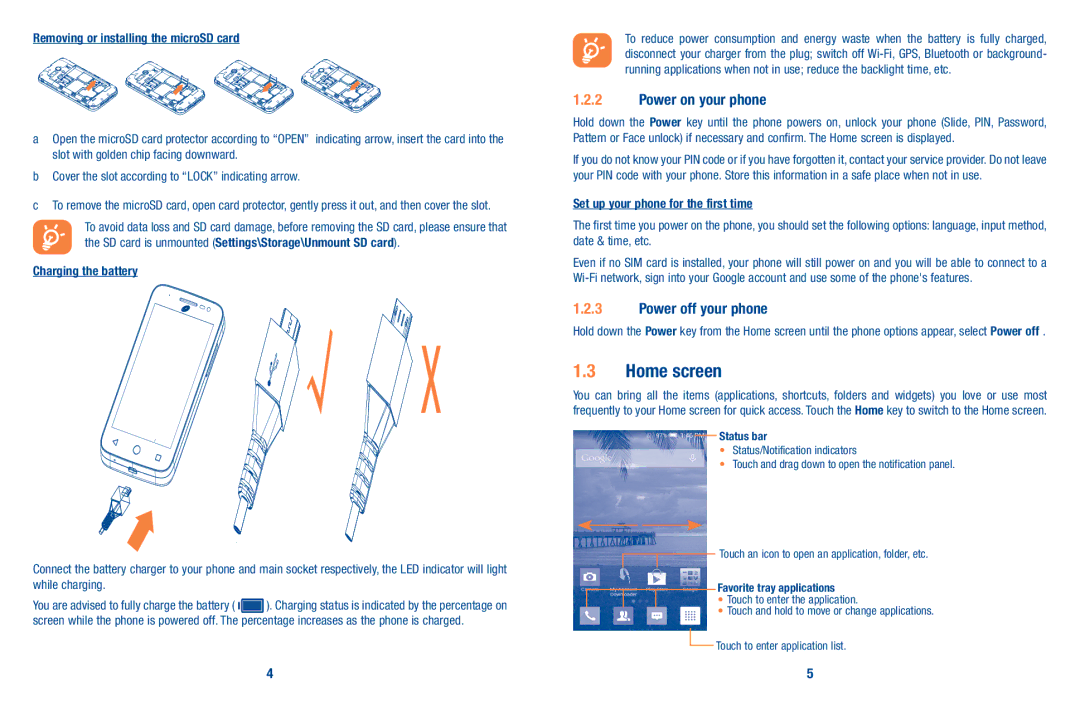 Alcatel A520L manual Home screen, Power on your phone, Power off your phone 