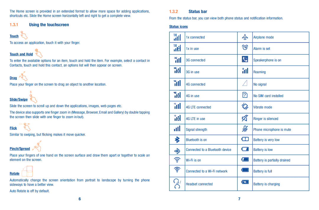Alcatel A520L manual Using the touchscreen, Status bar, Battery is low 
