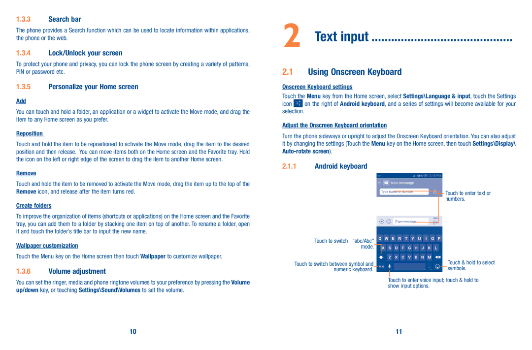 Alcatel A520L manual Text input, Using Onscreen Keyboard 