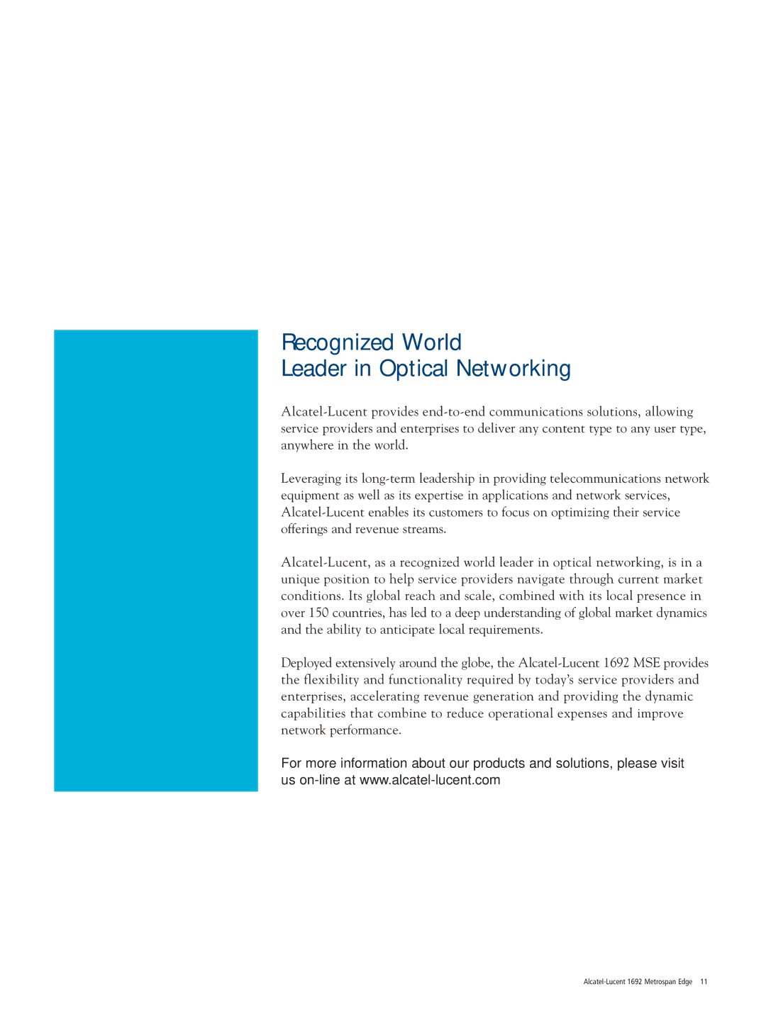 Alcatel Carrier Internetworking Solutions 1692 manual Recognized World Leader in Optical Networking 