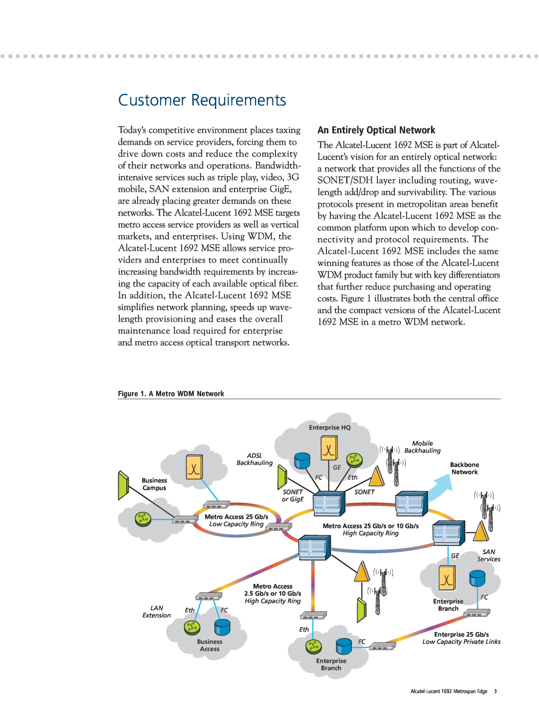 Alcatel Carrier Internetworking Solutions 1692 manual Customer Requirements, An Entirely Optical Network 