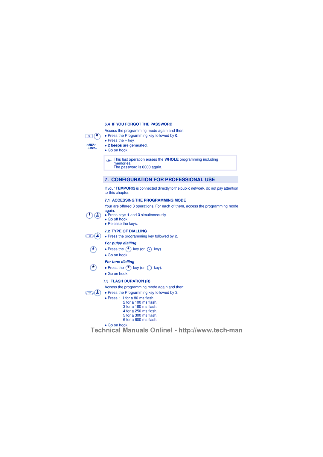 Alcatel Carrier Internetworking Solutions 22 Configuration for Professional USE, For pulse dialling, For tone dialling 