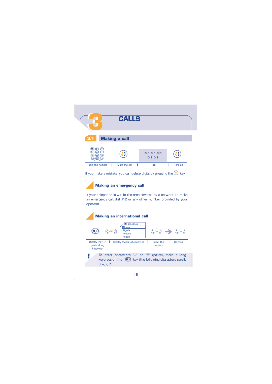 Alcatel Carrier Internetworking Solutions 310 manual Calls, Making a call, Bla,bla,bla, Making an emergency call 