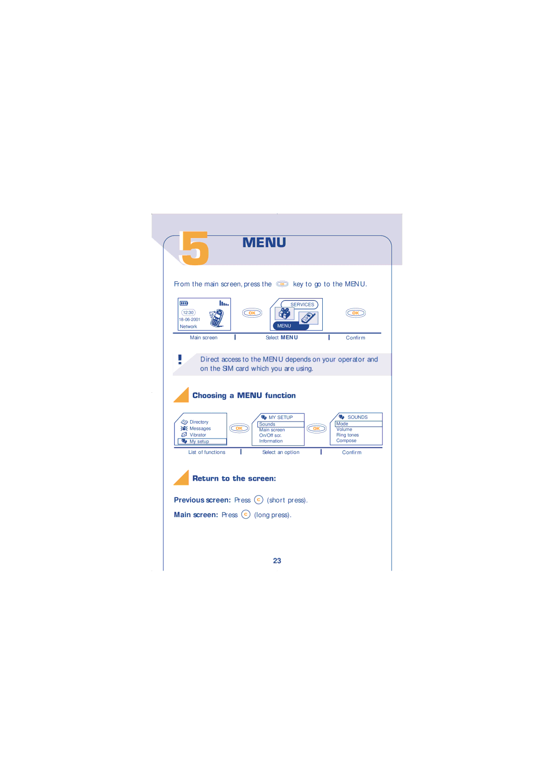 Alcatel Carrier Internetworking Solutions 310 manual Choosing a Menu function, Return to the screen 