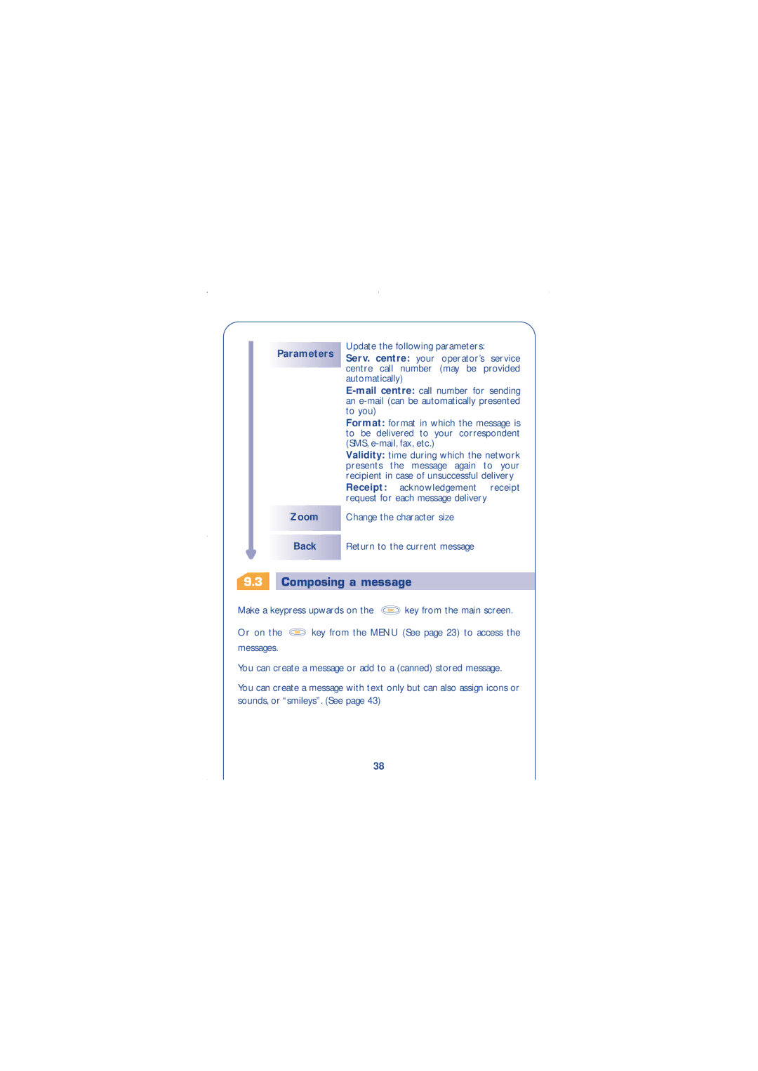 Alcatel Carrier Internetworking Solutions 310 manual Composing a message, Parameters Zoom Back, Or on 