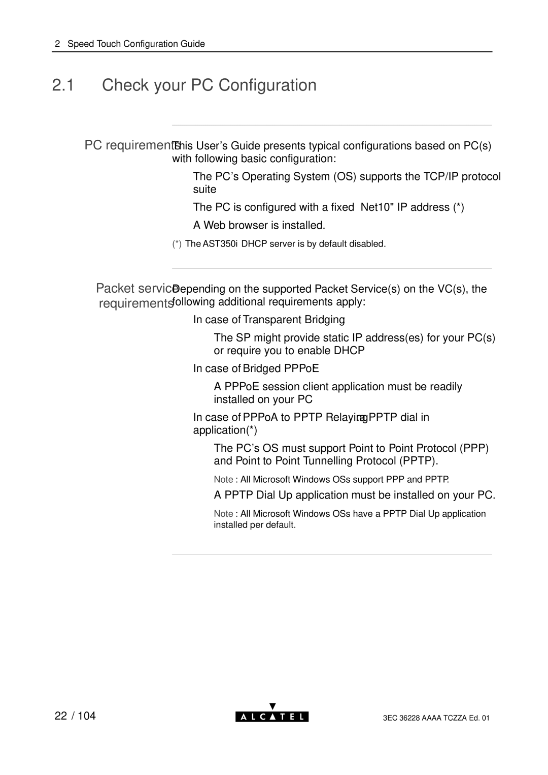 Alcatel Carrier Internetworking Solutions 350I manual Check your PC Configuration, PC requirements 