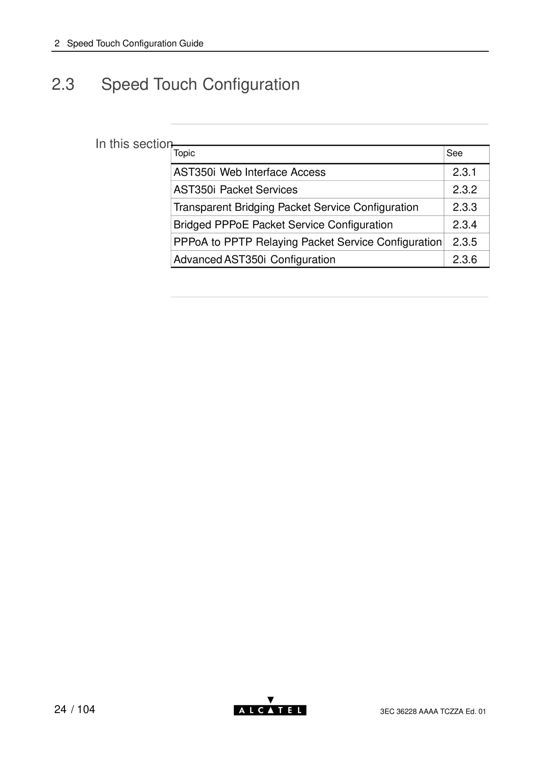 Alcatel Carrier Internetworking Solutions 350I manual Speed Touch Configuration, This section 