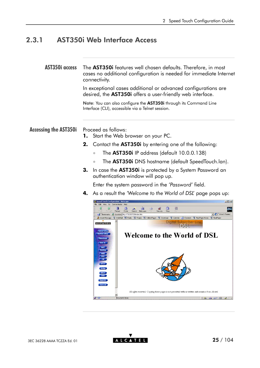 Alcatel Carrier Internetworking Solutions 350I manual 1 AST350i Web Interface Access, AST350i access 