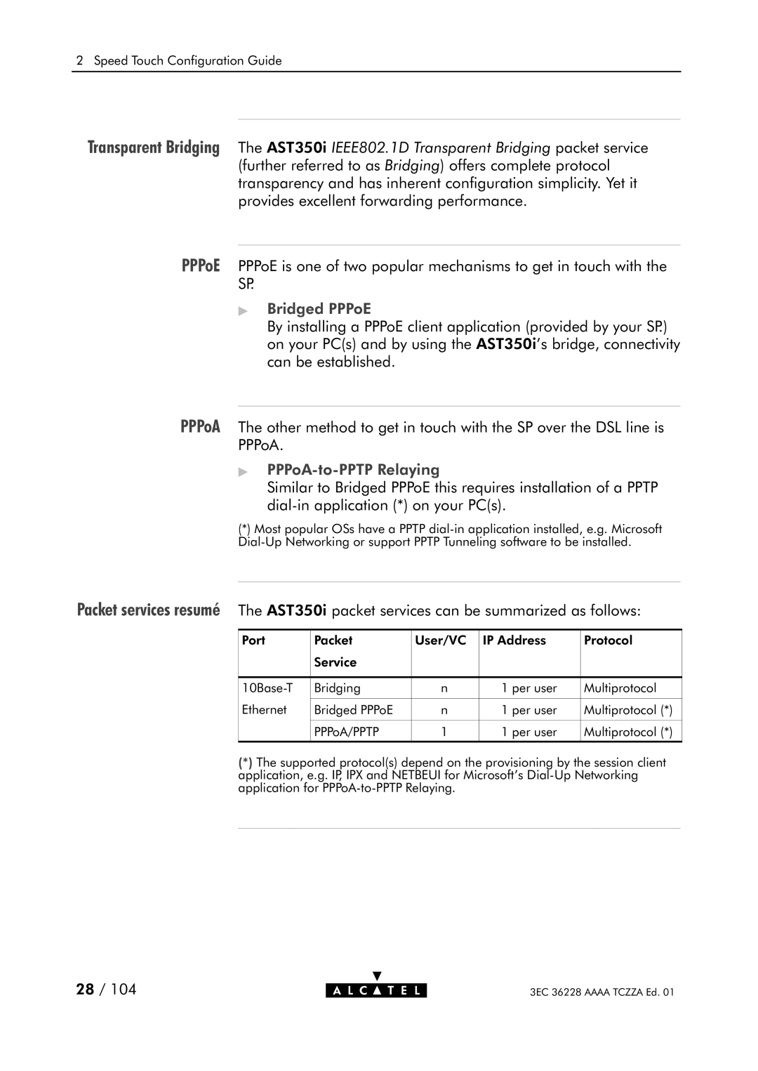 Alcatel Carrier Internetworking Solutions 350I manual Packet services resumé, Bridged PPPoE, PPPoAtoPPTP Relaying 