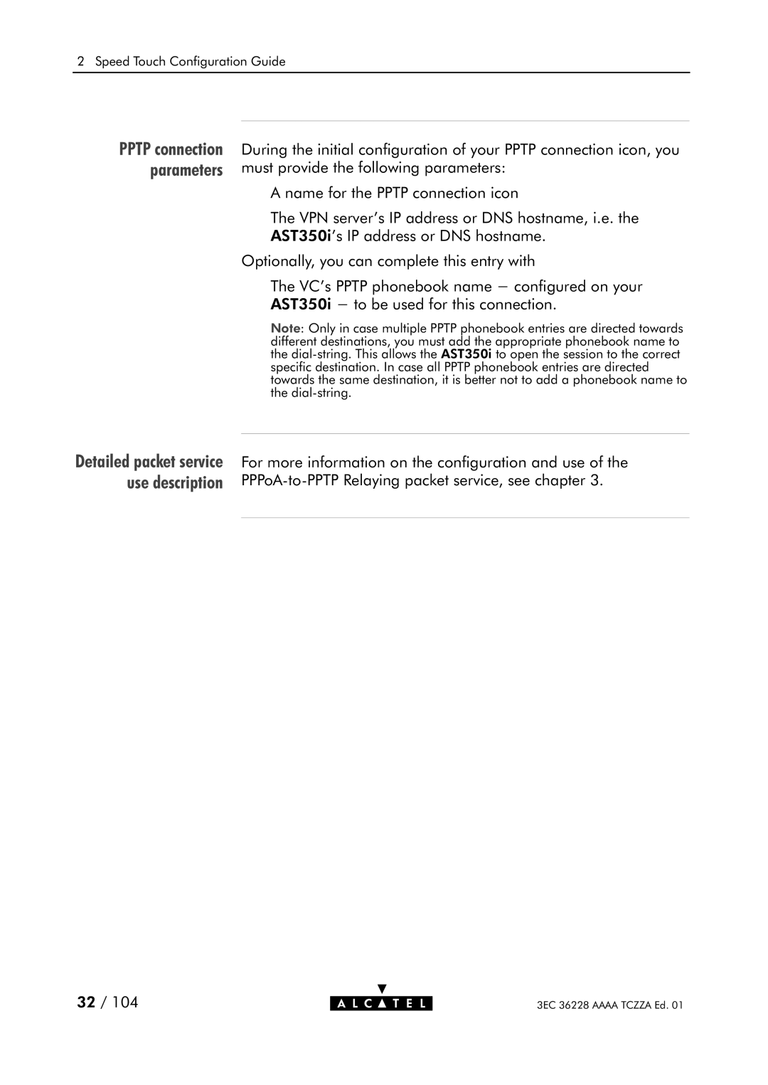 Alcatel Carrier Internetworking Solutions 350I manual Pptp connection parameters 