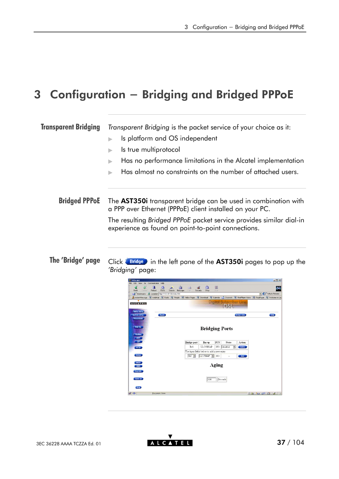 Alcatel Carrier Internetworking Solutions 350I manual Configuration Bridging and Bridged PPPoE 