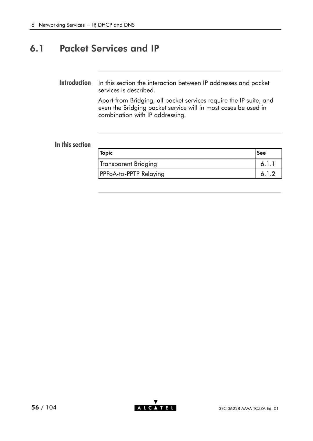 Alcatel Carrier Internetworking Solutions 350I manual Packet Services and IP, This section 