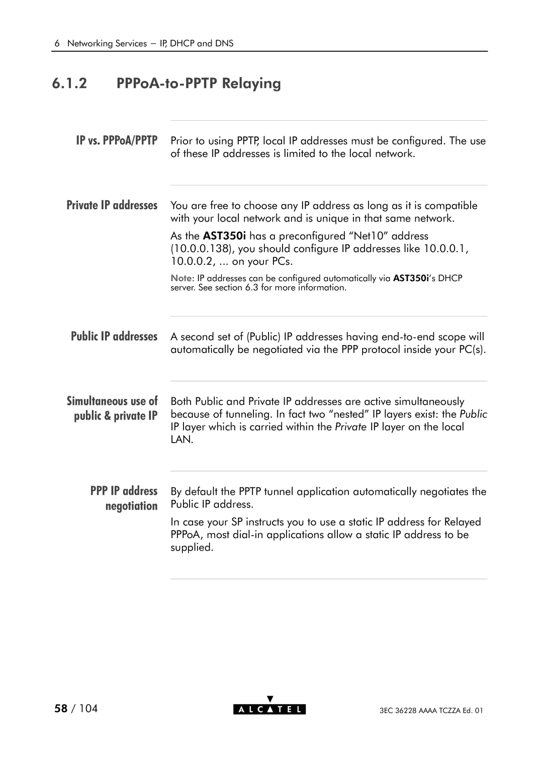 Alcatel Carrier Internetworking Solutions 350I manual PPPoAtoPPTP Relaying, Private IP addresses Public IP addresses 