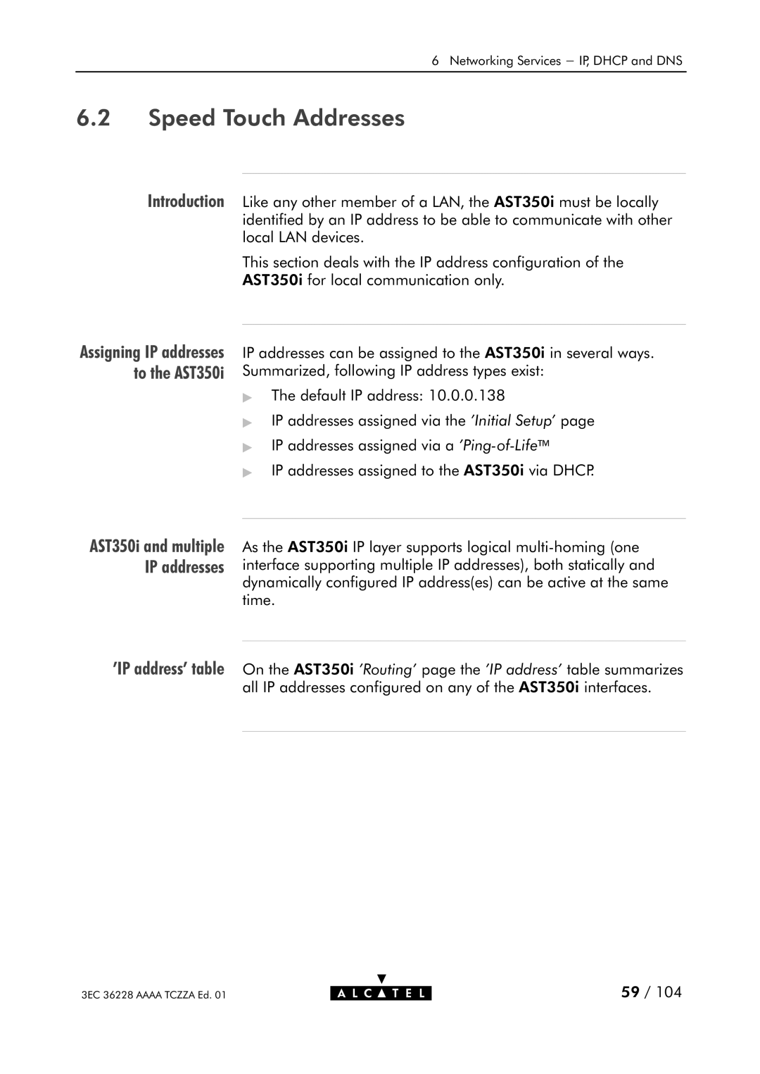 Alcatel Carrier Internetworking Solutions 350I manual Speed Touch Addresses, IP address table 