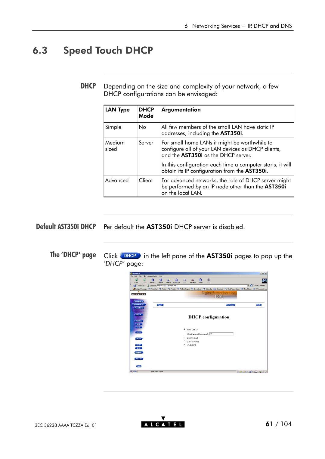 Alcatel Carrier Internetworking Solutions 350I manual Speed Touch Dhcp, Default AST350i Dhcp 