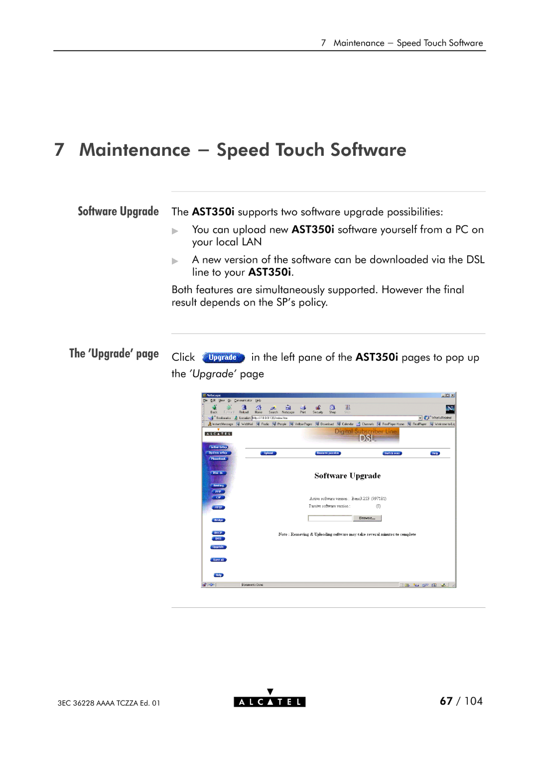 Alcatel Carrier Internetworking Solutions 350I manual Maintenance Speed Touch Software, Upgrade 