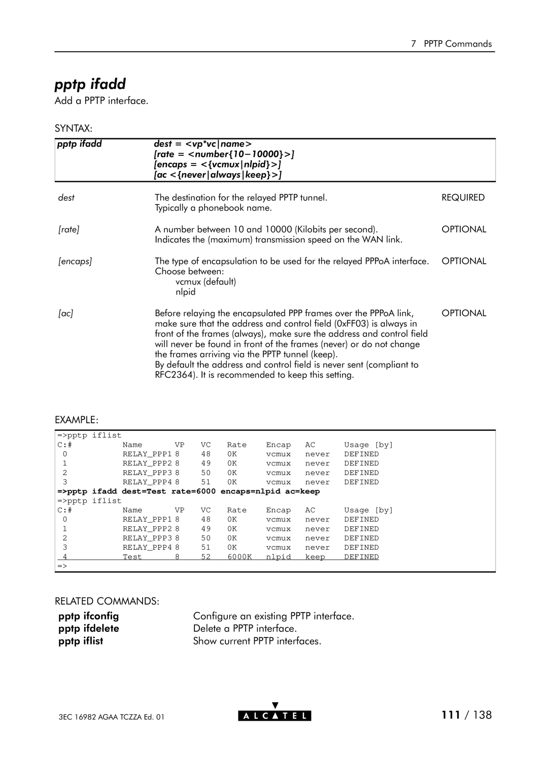 Alcatel Carrier Internetworking Solutions 350I manual Pptp ifadd, =pptp ifadd dest=Test rate=6000 encaps=nlpid ac=keep 