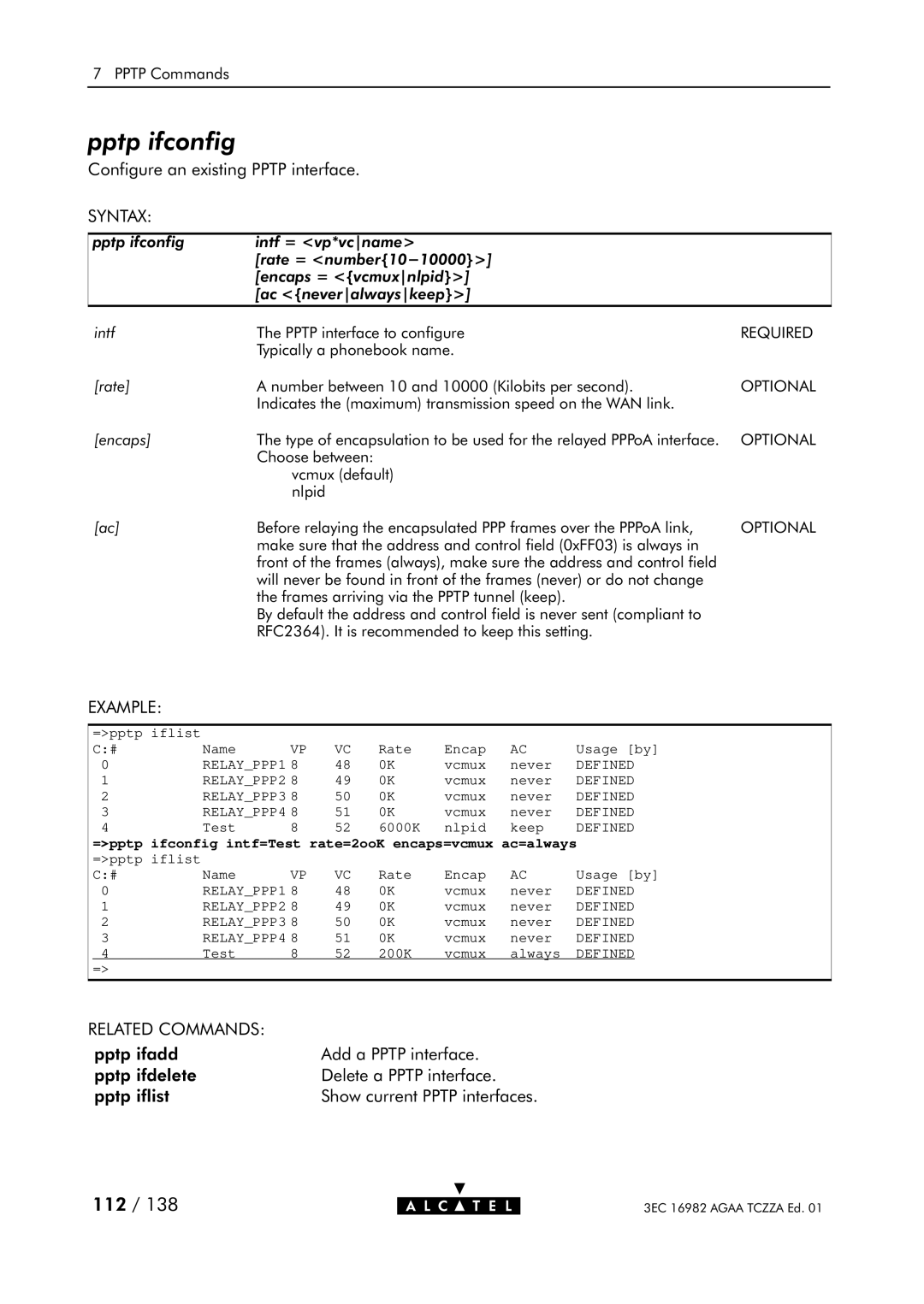 Alcatel Carrier Internetworking Solutions 350I Pptp ifconfig, =pptp ifconfig intf=Test rate=2ooK encaps=vcmux ac=always 