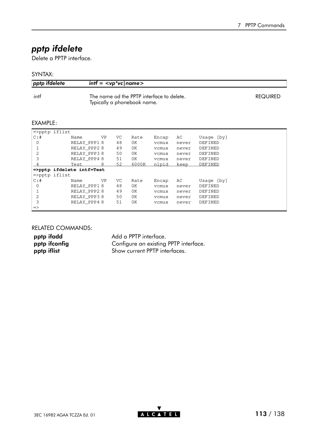 Alcatel Carrier Internetworking Solutions 350I manual Pptp ifdelete, =pptp ifdelete intf=Test 