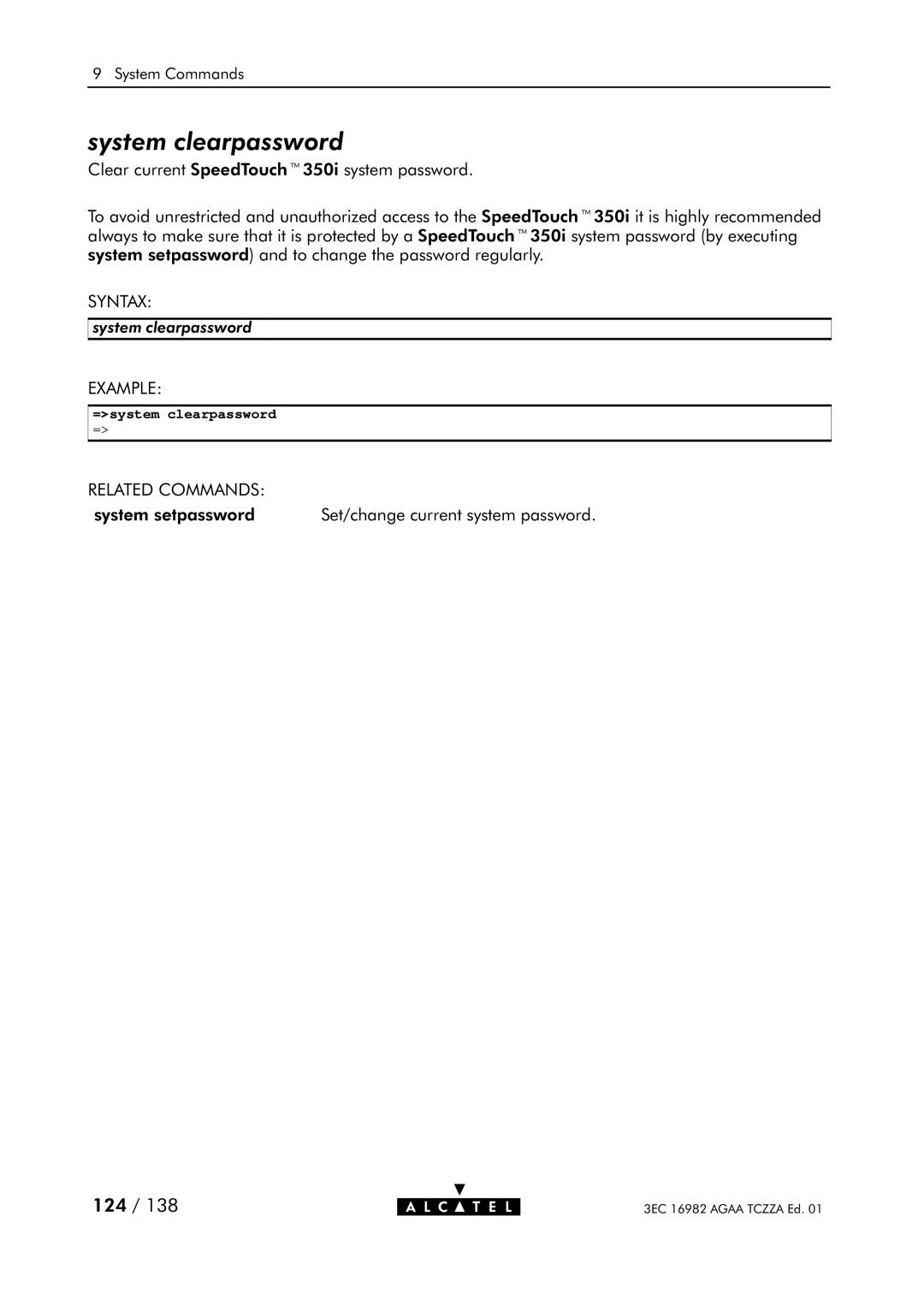 Alcatel Carrier Internetworking Solutions 350I manual System clearpassword, =system clearpassword 