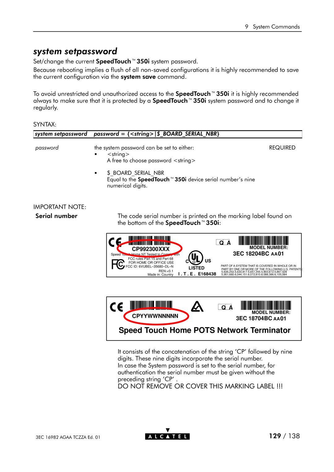 Alcatel Carrier Internetworking Solutions 350I manual System setpassword, Important Note 