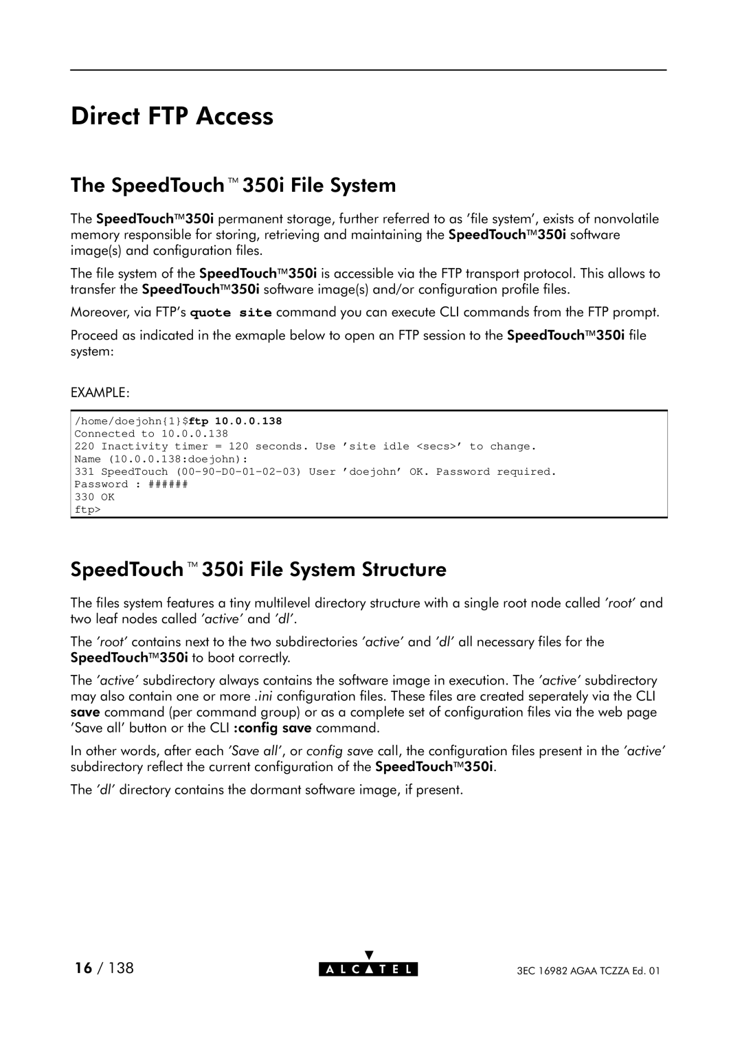 Alcatel Carrier Internetworking Solutions 350I manual Direct FTP Access, SpeedToucht350i File System 