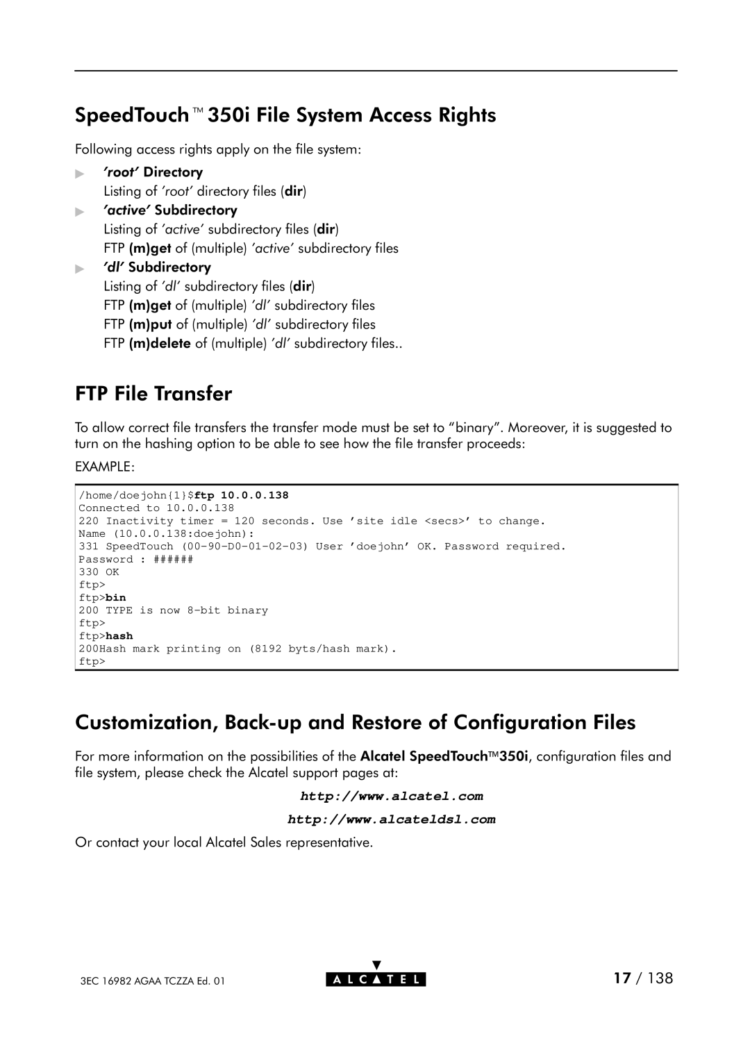 Alcatel Carrier Internetworking Solutions 350I manual SpeedToucht350i File System Access Rights, FTP File Transfer 