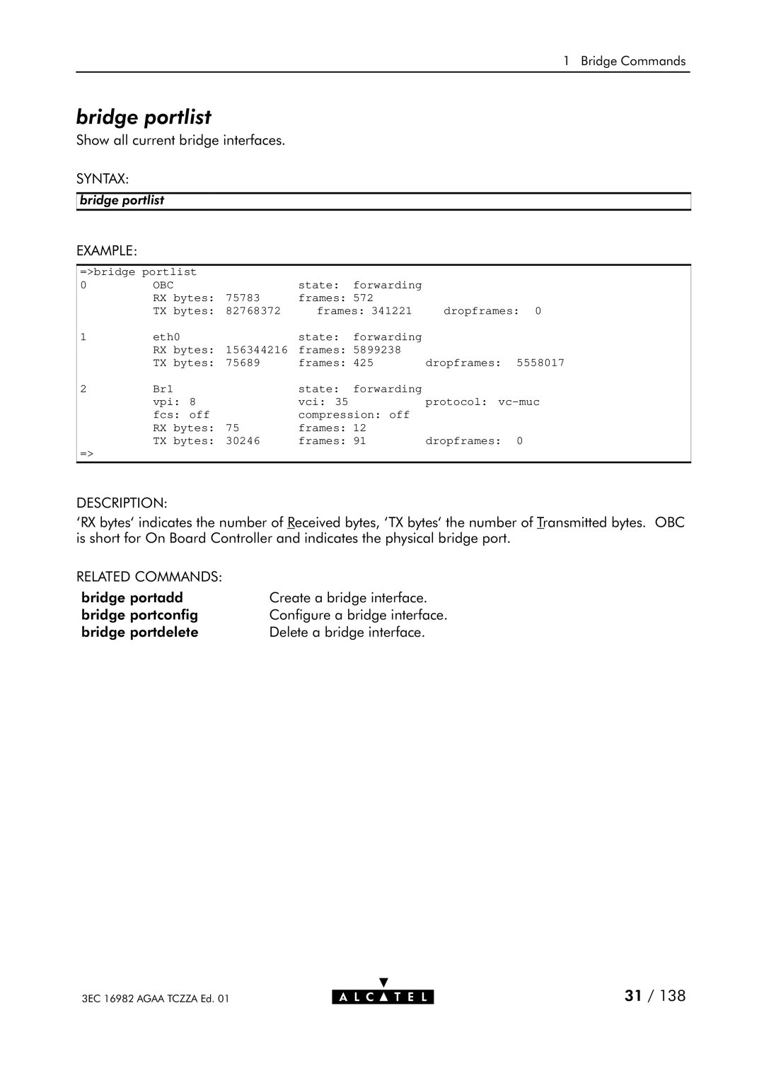 Alcatel Carrier Internetworking Solutions 350I manual Bridge portlist, Description 