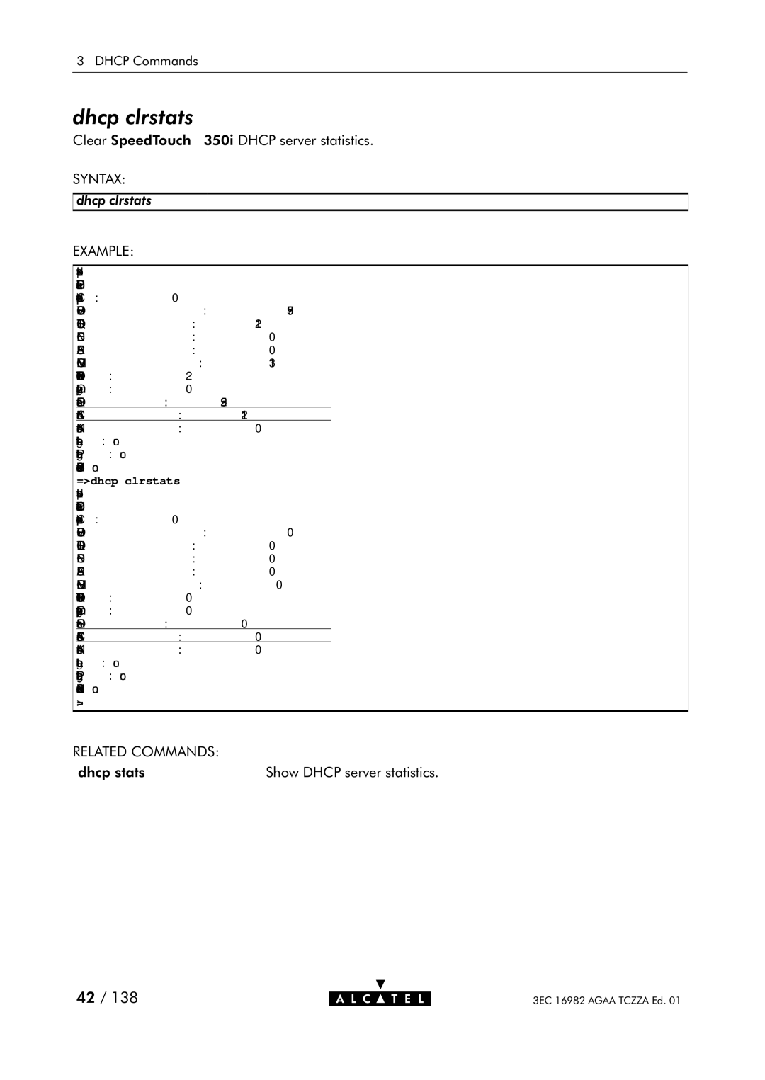 Alcatel Carrier Internetworking Solutions 350I manual Dhcp clrstats, =dhcp clrstats 